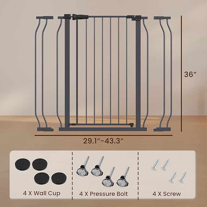 ELEVON Baby Gate for Stairs Doorways, Safety Pet Gate with Auto-Close/Hold-Open Features, Fits Openings 29.1” to 43.3”, 36” Tall, Easy Pressure Mounted Walk Through Baby Dog Gate, Graphite