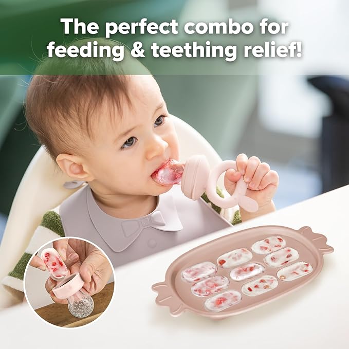 Haakaa Baby Fruit Food Feeder & Silicone Freezer Nibble Tray Combo - Breastmilk Popsicle Mold for Baby Cooling Relief, BPA Free Baby Mesh Food Feeder for Infant Self Feeding