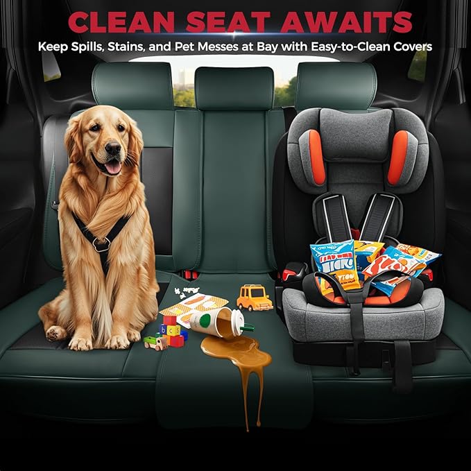 FREESOO Leather Car Seat Covers Full Set, Green Black Waterproof Seat Covers for Cars Trucks SUV, Luxury Front Car Seat Covers and Back Seats, Carseat Protector Car Seat Cover Fit for Most Vehicles