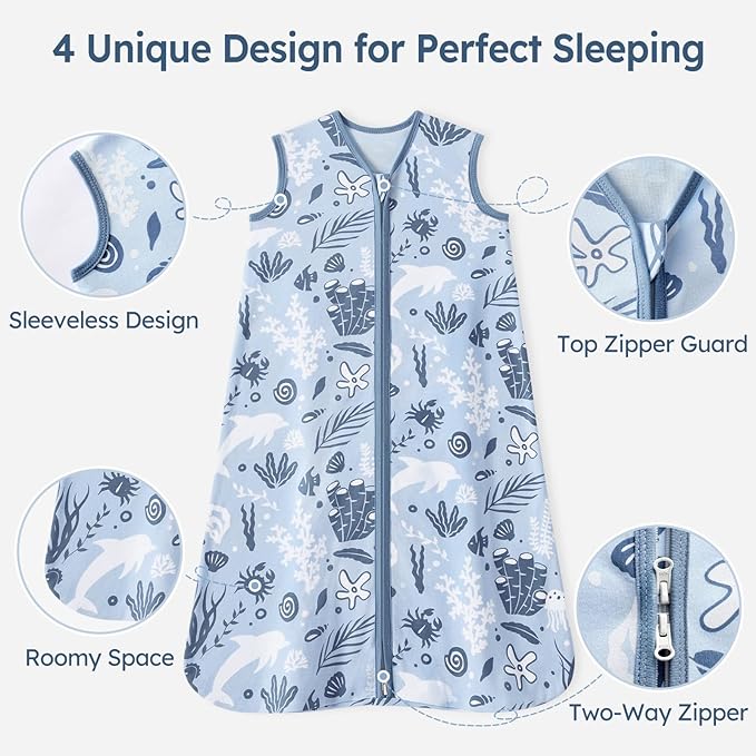 Baby Sleep Sack 6-12 Months 100% Cotton Lightweight 0.5 TOG Wearable Blanket Baby Sleep Bag with 2-Way Zipper for Newborn Infant Blue Dolphin