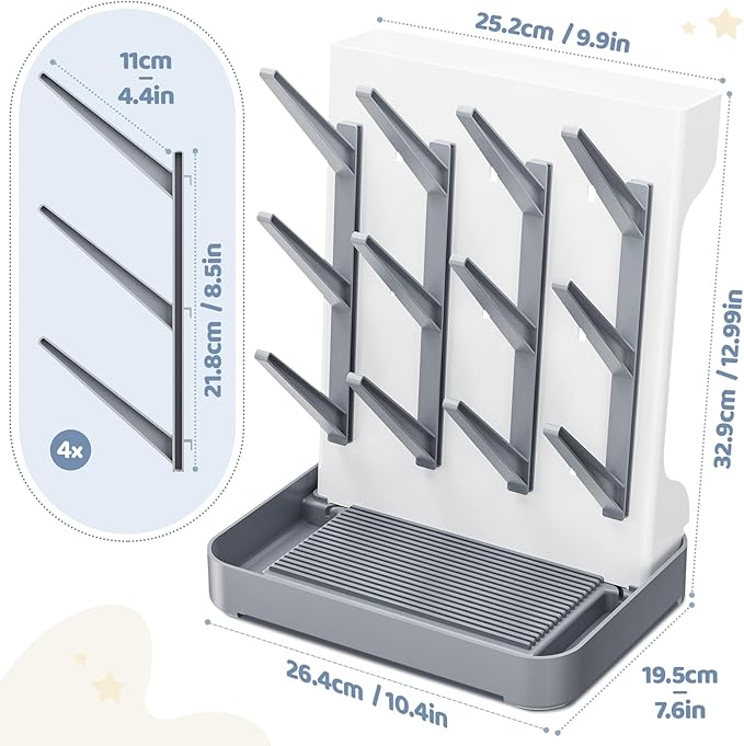 Baby Bottle Drying Rack, Baby Bottle Organizer for Countertop, Bottle Holder for Baby- Space Saving Standing Drying Rack for Baby Bottles and Pump Part Cleaning (Gray)