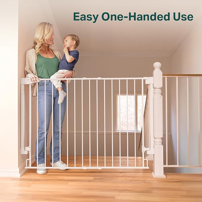 Cumbor 34" Extra Tall Baby Gate for Stairs, Wall-Mounted (Drill Required), Expandable 31.6-48" No Bottom Bar Dog Gate Indoor for Larger Pets, Large Walk Thru Door for Easy Access (White)