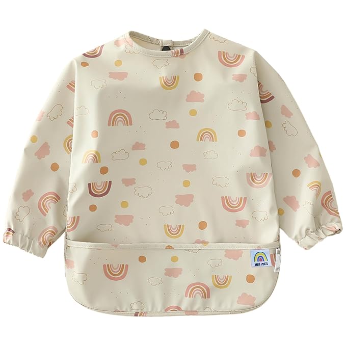 ARI MES Long Sleeves Waterproof Baby Bibs for Eating - Rainbows, Large- Wearable, Coverall for Toddler, Long Sleeve Bib, Smock Apron for Feeding - Applicable for 6-72 Months