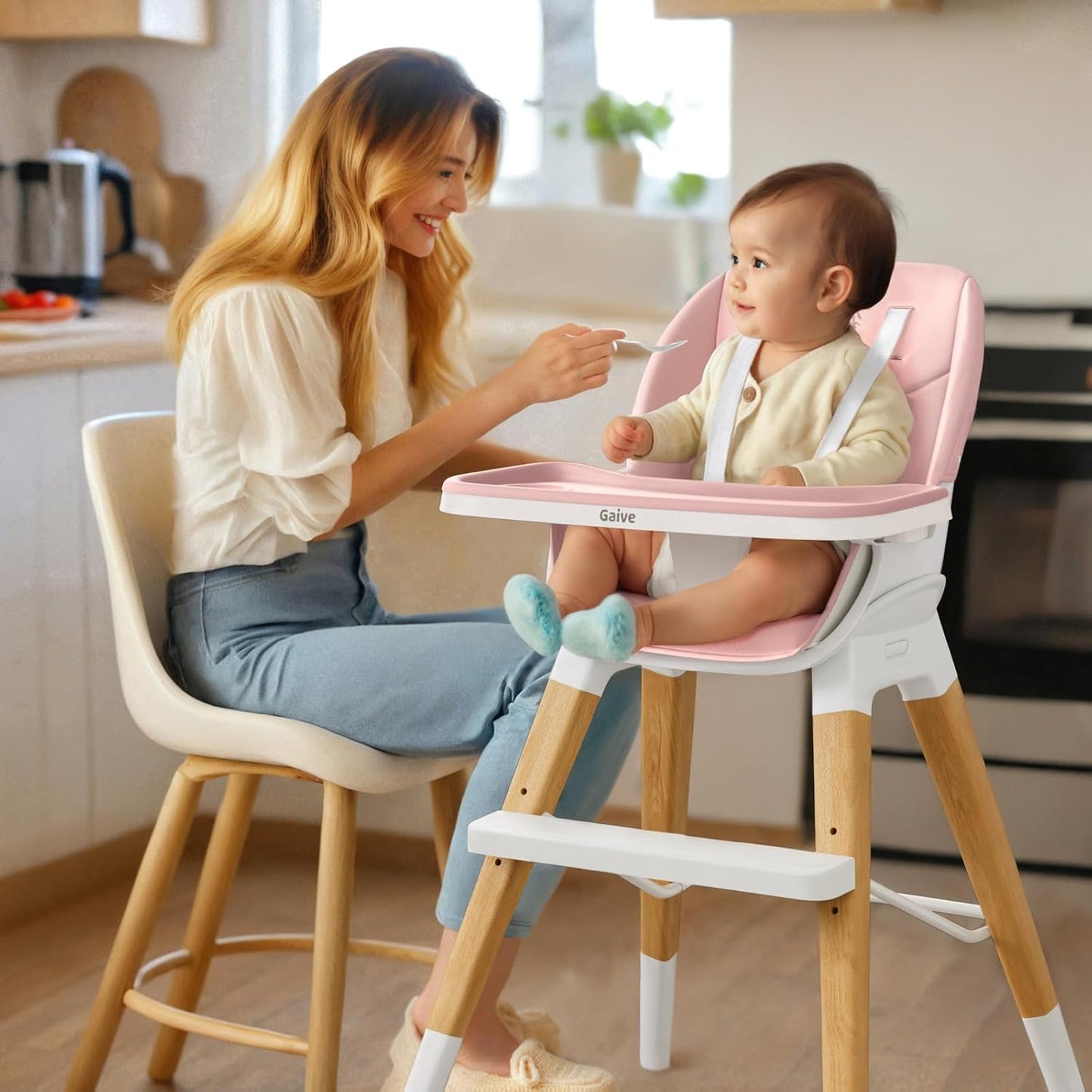 8 in 1 Highchair, Convertible Wooden Baby High Chair with Tray, Adjustable High Chair for Babies and Toddlers, Easy to Clean, Grow with Family|Booster|Learning Table|High Stool