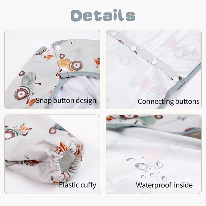 2-Pack Long Sleeve Baby Bib,Coverall Baby Bibs for Eating,Waterproof,Attaches to Highchair&Table,Ages 1 to 3 Years