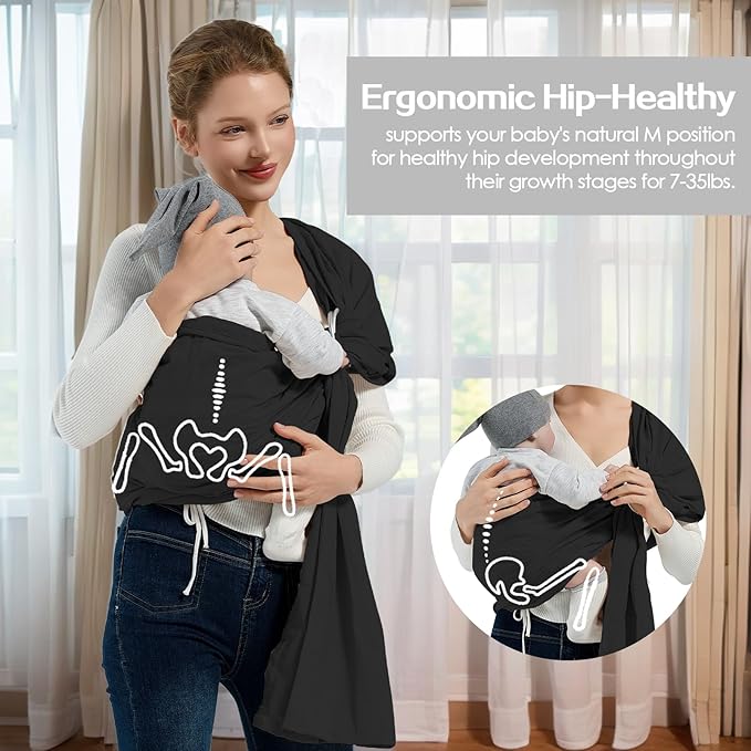 Baby Wrap Ring Sling 7-35 lbs, Baby Sling Carrier for Newborn, Toddler, Infant Holder, Lightweight Baby Carrier Wraps, Black