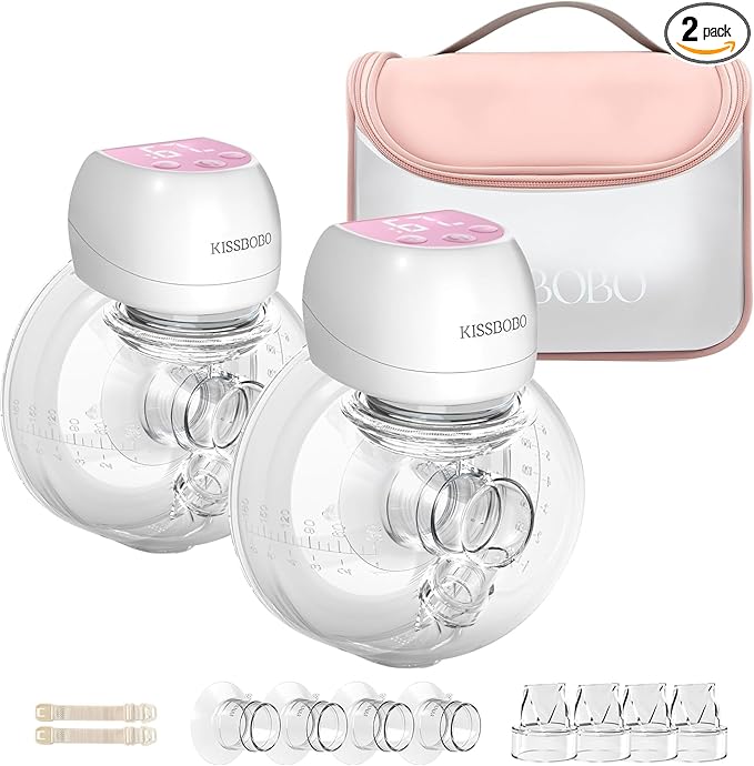 KISSBOBO ABP-1508 Hands Free Breast Pump Wearable with Storage Bag, Wearable Breastfeeding Pump Strong Suction, Low Noise, 3 Modes 9 Levels, with 21/24mm Insert/Flange, 2 Pack (Red)