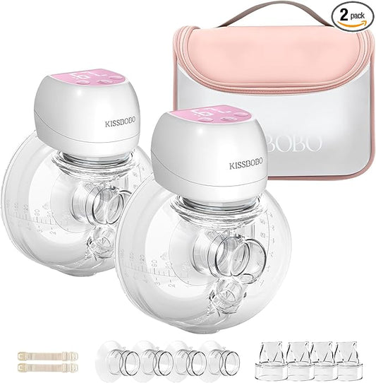 KISSBOBO ABP-1508 Hands Free Breast Pump Wearable with Storage Bag, Wearable Breastfeeding Pump Strong Suction, Low Noise, 3 Modes 9 Levels, with 21/24mm Insert/Flange, 2 Pack (Red)