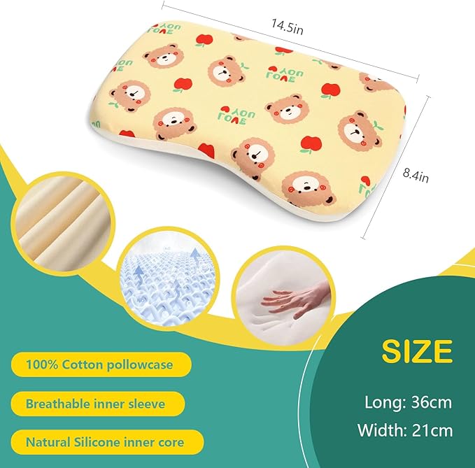 Soft Toddler Pillow for Sleeping (14.5'' x 8.4'') with Removable Cover – Ideal for Travel & Nursery, Cuddly Bear Design – Perfect for Ages 1-2 Years