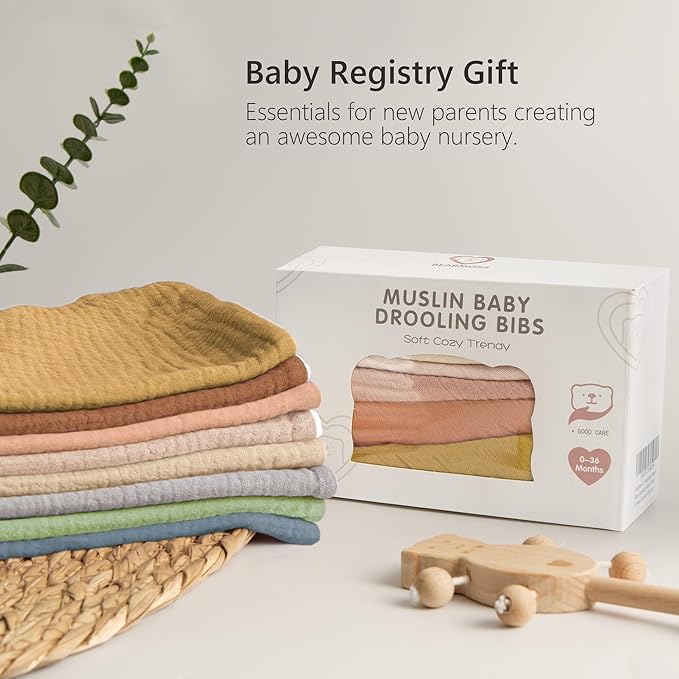 Bearmoss Muslin Baby Bibs 8 Pack Soft Bandana Bibs for Drooling & Teething, Absorbent Burp Cloths with Adjustable Snaps