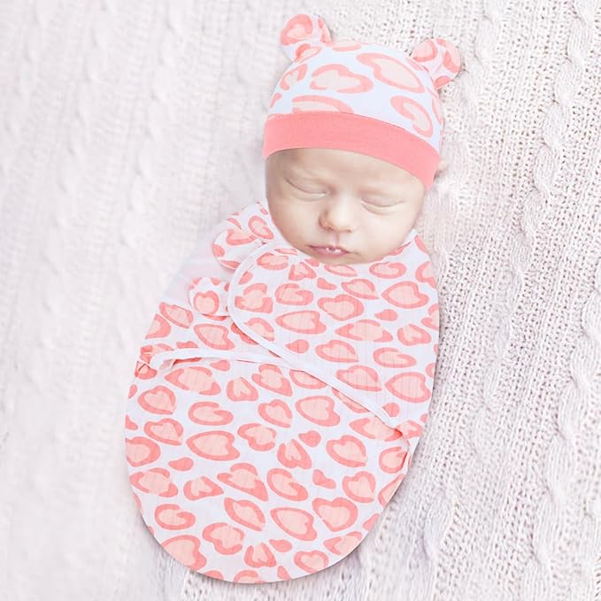 Cinaci 2 Pack Adjustable Soft Cotton Blend Newborn Baby Receiving Swaddle Blankets Sleep Sacks with Nursery Hats Caps Beanies Bonnets for Baby Girls Boys Newborns Infants