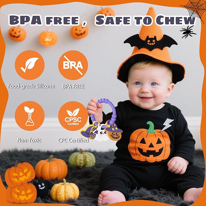 Halloween Baby Teething Bracelet with 3pcs Teether-Soft Pumpkin, Ghost&Witch Hat Textured Silicone Teether for 0-12months, Baby Sensory Chew Teething,Sensory Chew Bracelet for Baby’s First Halloween