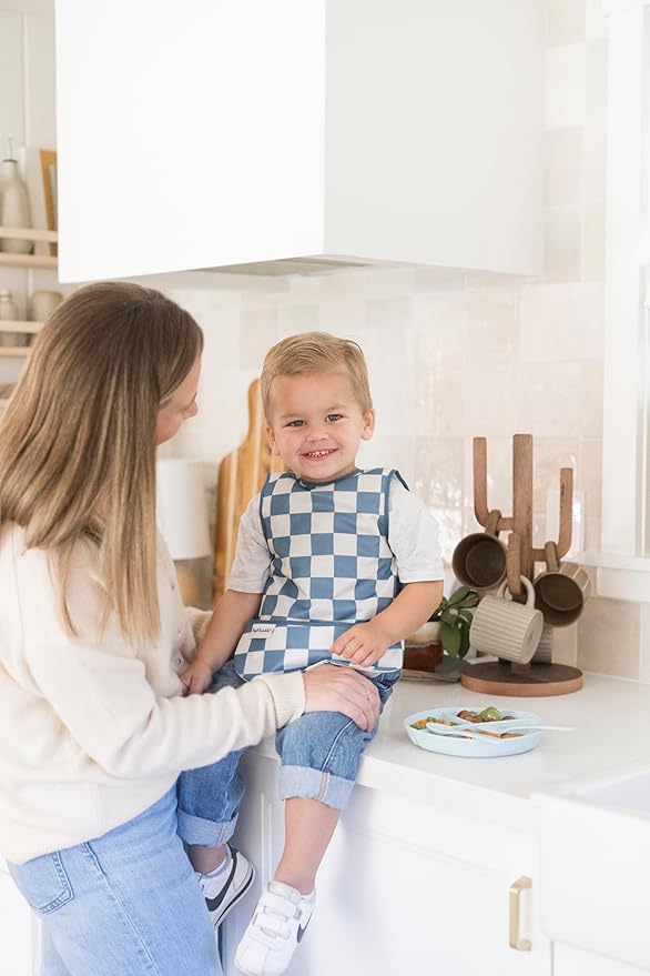 Twinkle Short Sleeve Apron Baby & Toddler Bib – Waterproof, Mess-Proof Bibs for Eating & Feeding, Machine Washable, Perfect Holiday Gift (Blue Checkers, 6–24M)