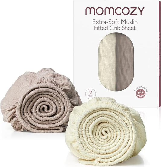 Momcozy Muslin Standard Fitted Crib Sheets, 52"x28", 2 Pack Soft Breathable Natural Cotton Baby Mattress Sheet, 360° Mattress Wrapping No Slip Boys Girls Neutral Toddler Bed Sheet, Beige Coffee Red