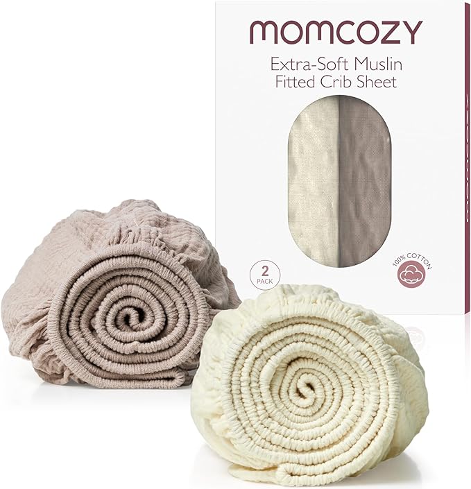 Momcozy Muslin Mini Crib Sheets Fitted - 38''x26'' Pack and Play Sheets for Pack N Play Mattress, 2 Pack Soft & Breathable Natural Cotton Non Slip Bed Cover for Boys, Girls, Beige Coffee Red