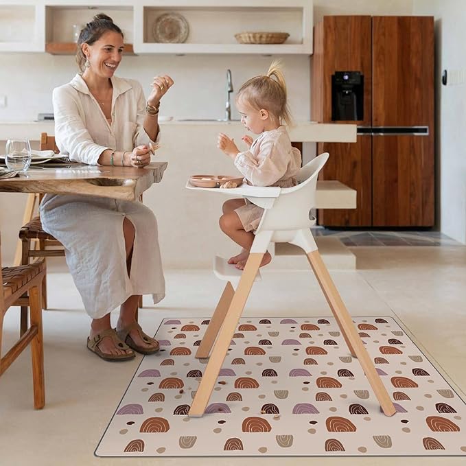 Blissful Diary Baby Splat Mat for Under High Chair, 50.4 x 50.4 Inch Wipeable Splash Mat, Waterproof and Washable, Anti-Slip Floor Protector, Boho Rainbow