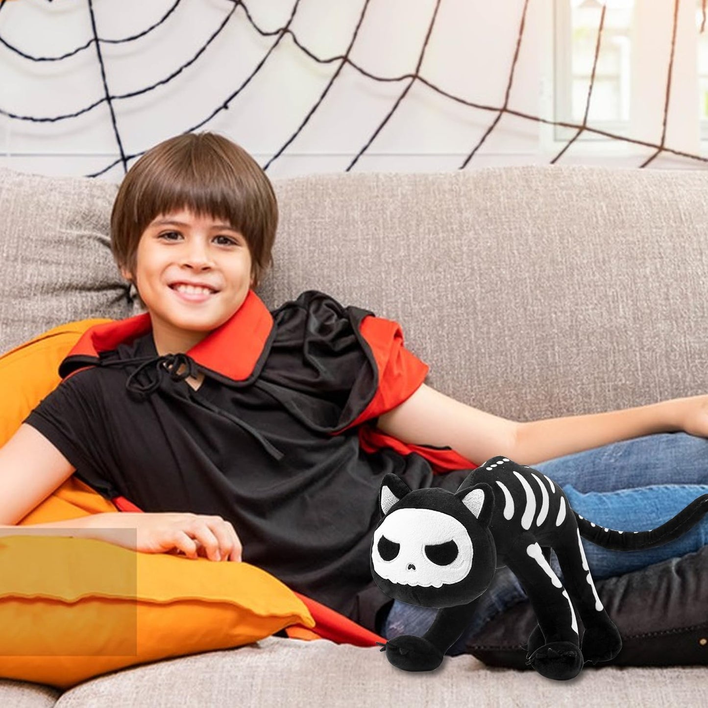 Halloween Black Cat Plush, Skeleton Stuffed Animal Pillow, Cute Plushie Doll Toy Gift for Fans, Boys and Girls Birthday Gifts