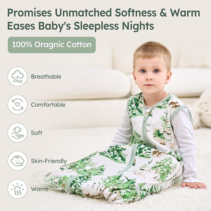 Baby Sleep Sack 18-24 Months 100% Cotton Lightweight 0.5 TOG Wearable Blanket Baby Sleep Bag with 2-Way Zipper for Infant Toddler Green Pine Tree