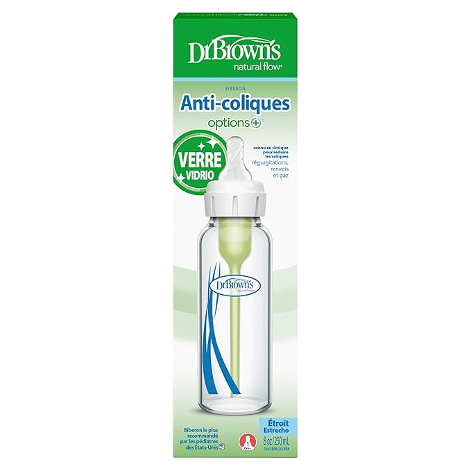 Dr. Brown's Anti-Colic Options+ Narrow Glass Baby Bottle with Level 1 Slow Flow Nipple, BPA-Free, 8 oz/250 mL, 1-Pack