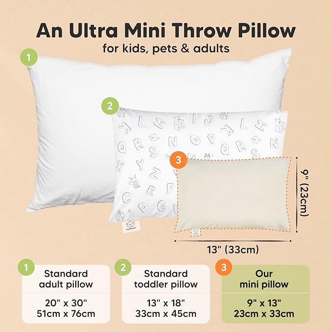 Mini Toddler Pillow with Pillowcase - 9x13 My Little Dreamy Travel Kids Pillow for Sleeping, Toddler Bed, Small, Tiny, Organic Cotton Pillowcase, Soft & Breathable, Kids 2-4 Years Old (Clay)