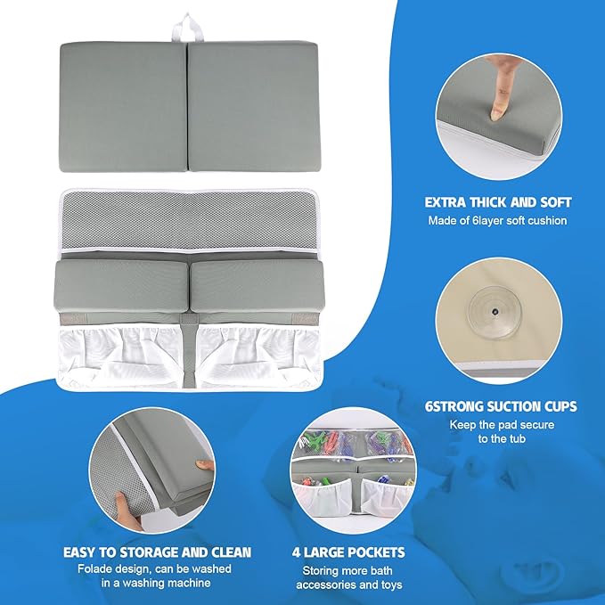 Baby Bath Kneeler and Elbow Rest Pad Set, Super Thick Non-Slip Bathing Kneeling Mat Quick Drying Foldable Knee Pad for Bathing Babies and Toddler Bathing with Toy Organizer Pockets, Gray