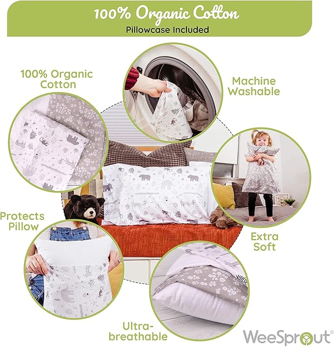 WeeSprout Toddler Polyester Organic Cotton Shell and 2 Pillowcases, Small Kids Pillow, Soft and Supportive Polyfiber Filling, Machine Washable, 18 x 13 x 3 (White + Floral Print, 3 Piece Set)