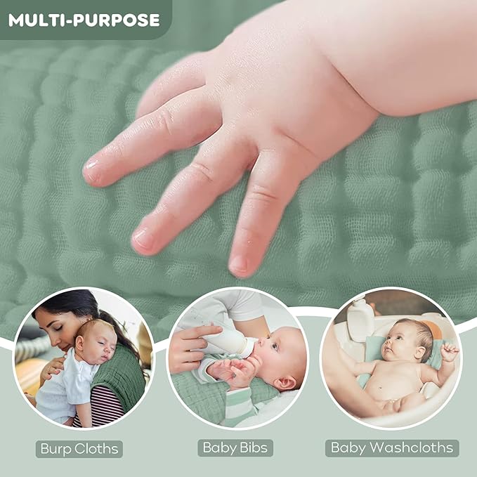 Yoofoss Muslin Burp Cloths for Baby 10 Pack 100% Organic Cotton Baby Washcloths for Boys Girls Large 20''X10'' Super Soft and Absorbent Gradient Green