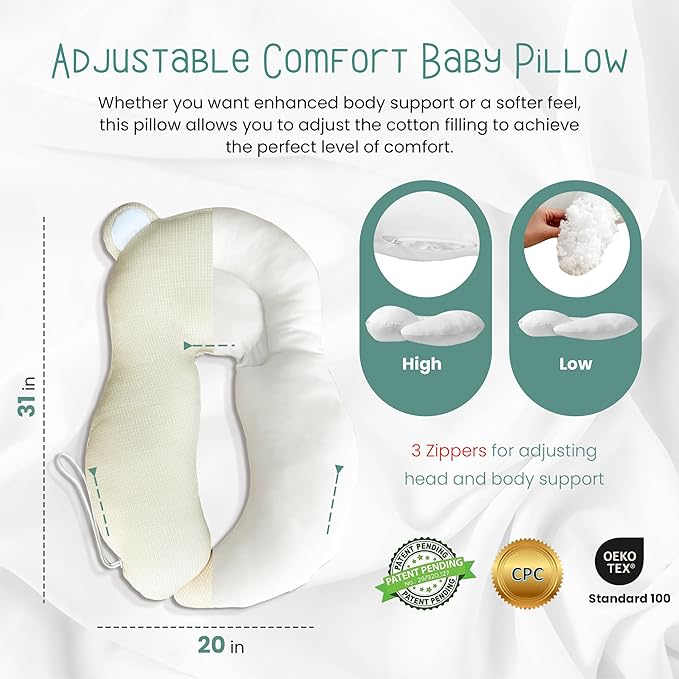 Baby Pillow (Cover+Pillow) Anti-Roll, Nursing, and Tummy Time Features, 3D Air Mesh Fabric for Breathability. Adjustable Thickness, Easy Care