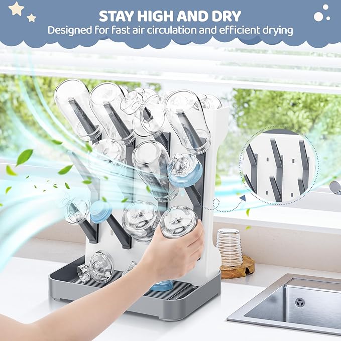 Baby Bottle Drying Rack, Baby Bottle Organizer for Countertop, Bottle Holder for Baby- Space Saving Standing Drying Rack for Baby Bottles and Pump Part Cleaning (Gray)