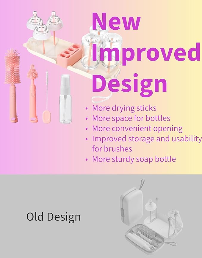 Travel Baby Essentials, 7in1 Travel Baby Bottle Cleaning Kit, Baby Essentials for Flying Nipple, Drying Rack, Straw, Soap Dispenser Dish Soap for Bottles, Gift for Mom (Pink)