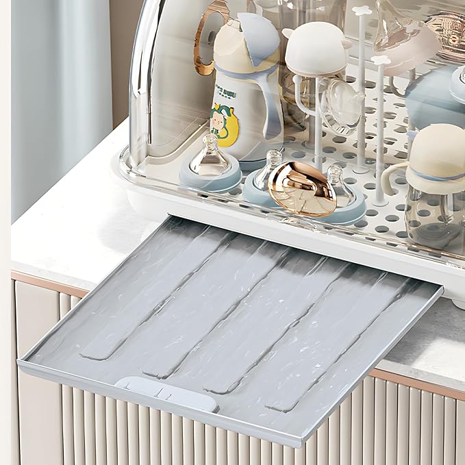 Baby Bottle Drying Rack Storage, Nursing Bottle Storage Box Organizer with Cover, Portable Kitchen Cabinet Organizer, Durable countertop Dryer (Grey)
