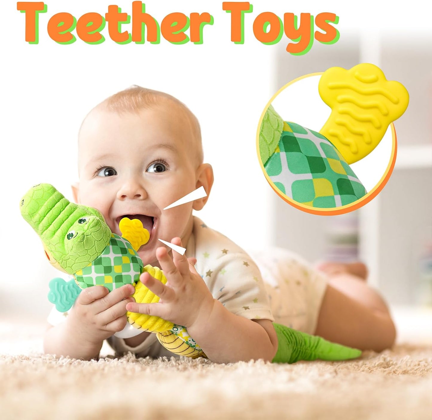 LIGHTDESIRE Baby Crocodile Musical Stuffed Animal, Infant Teething Toys with Ruler Design and Ring Bell, Suitable for Tummy Time, Newborn Boys & Girls 0-12 Months (Green)