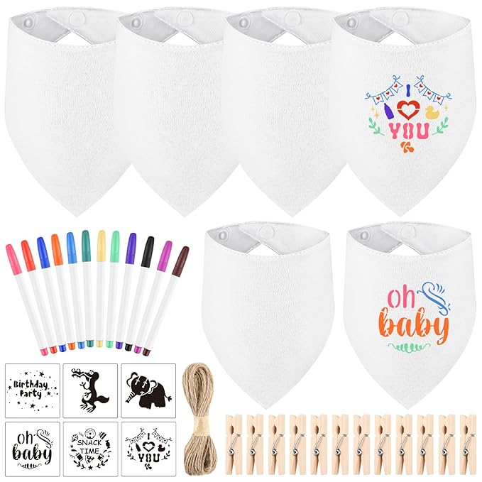 NACHLYNN 37 Pcs White Baby Bibs Baby Shower Games Set Including 6 Blank Baby Bibs 6 Stencils 12 Clothespins 12 Fabric Markers 1 Hemp Rope for Boys Girls Gender Reveal Party