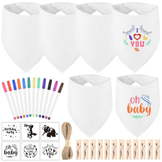 NACHLYNN 37 Pcs White Baby Bibs Baby Shower Games Set Including 6 Blank Baby Bibs 6 Stencils 12 Clothespins 12 Fabric Markers 1 Hemp Rope for Boys Girls Gender Reveal Party