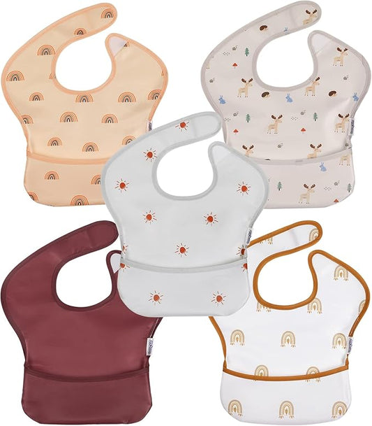 Soarwg Kids Baby Bibs, 5 Pack Waterproof Bibs for Unisex Boys Girls, Essential Must Have for Babies Eating, Feeding