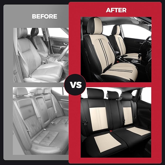 FREESOO Car Seat Covers Full Set, Leather Seat Covers for SUV, Beige Black Car Seat Covers Front Seats and Back, Waterproof Car Seat Cover, Carseat Seat Protectors, Auto Cushion Fit for Most Cars