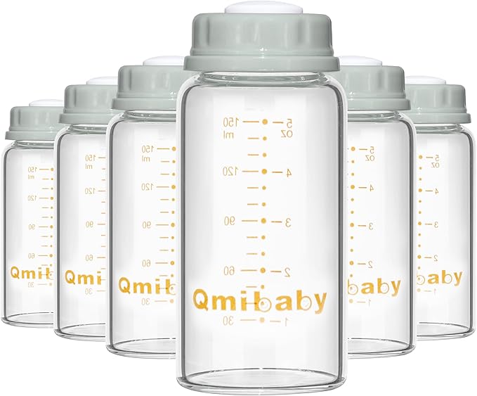 Natural Glass Baby Bottle 150ml 5oz Standard Neck Breast Milk Storage Bottles Compatible with Medela Breast Pumps for Breastmilk Storage Bottle Breastfeeding BPA-Free 6 Pack (Grey Lids)