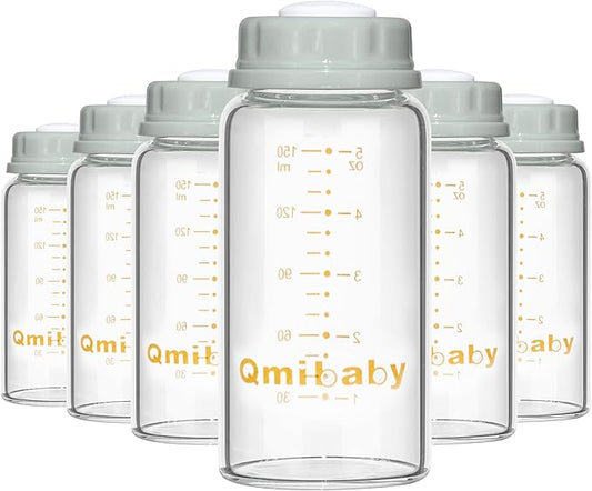 Natural Glass Baby Bottle 150ml 5oz Standard Neck Breast Milk Storage Bottles Compatible with Medela Breast Pumps for Breastmilk Storage Bottle Breastfeeding BPA-Free 6 Pack (Grey Lids)