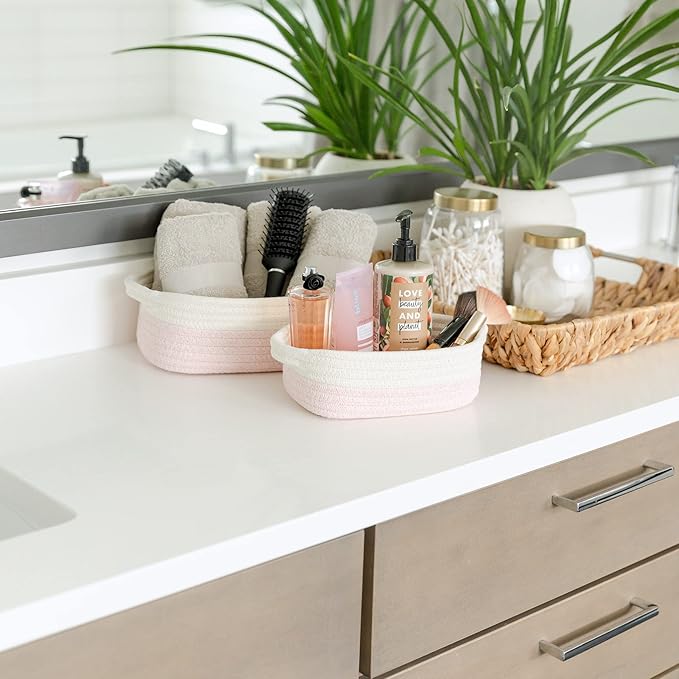 NaturalCozy 5-Piece Rectangle Storage Basket Set- Natural Cotton Rope Woven Baskets for Organizing! Small Basket for Montessori, Baby Nursery, Dog Toy Baskets, Cat Toy Box, Bathroom Organization Bin