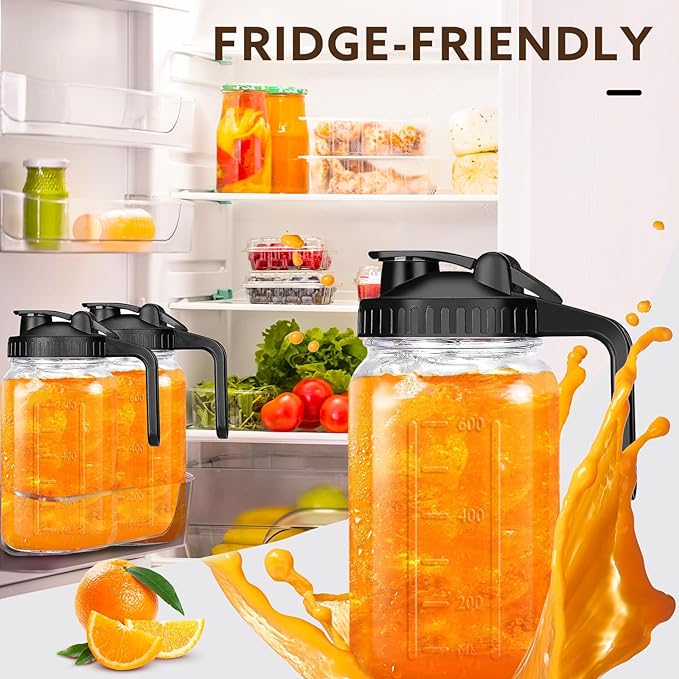 Glass Pitcher with Lid, 64 OZ Mason Jar Pitcher Double Leak Proof, 2 Quart Breast Milk Storage Containers for Fridge, Wide Mouth Glass Jar for Sun Tea, Juice, Cold Brew Coffee