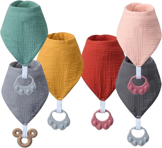 Baby Teething Bibs 6-Pack with Attachable Teether - 100% Organic Cotton, Super Absorbent & Soft Drool Bibs