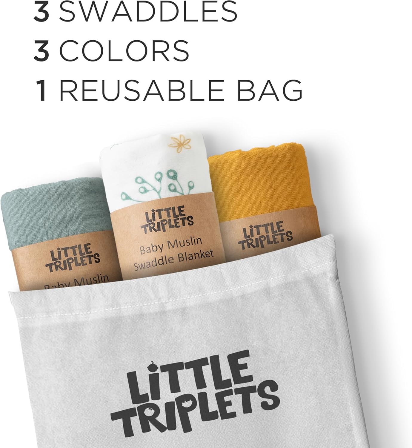 Muslin Swaddle Blankets for Newborns 3 Pack, Soft & Breathable Baby Receiving Blankets 35” x 43” Unisex Infant Essentials with Reusable Bag, 100% Turkish Cotton, Oeko-TEX Certified