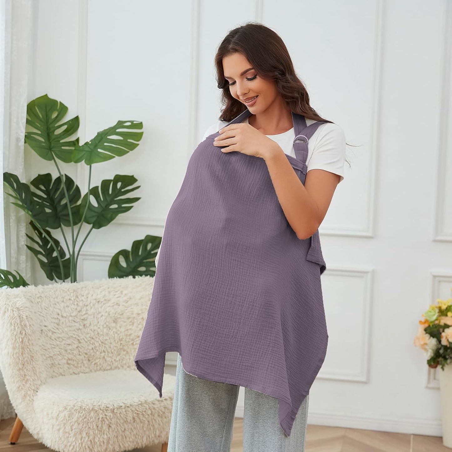 Nursing Cover for Baby Breastfeeding with Rigid Hoop, Breathable Soft 100% Muslin Cotton, Baby Breast Feeding & Pumping Apron (Purple)