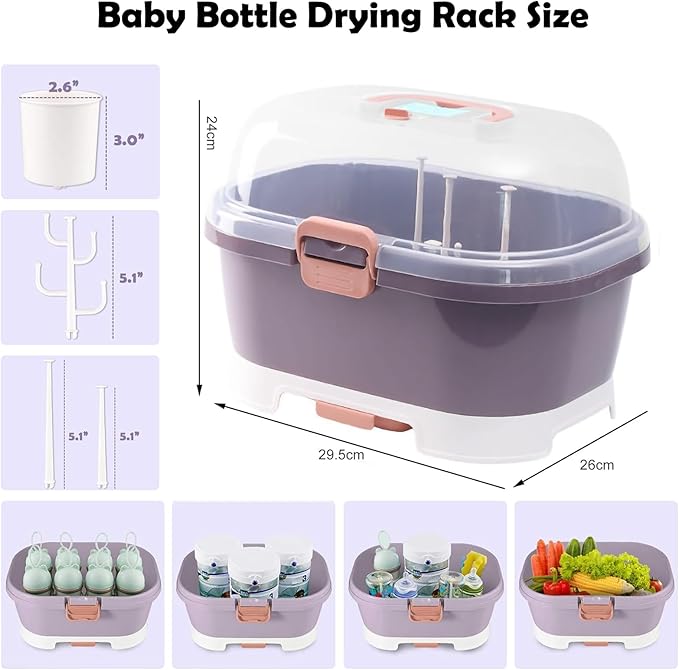 Baby Bottle Organizer for Storage, Baby Bottle Storage Large Capacity with Lid Cover Anti-Dust Protection and Cutlery Storage Drying Rack Portable Large Capacity Bottle Organizer Baby (purple)