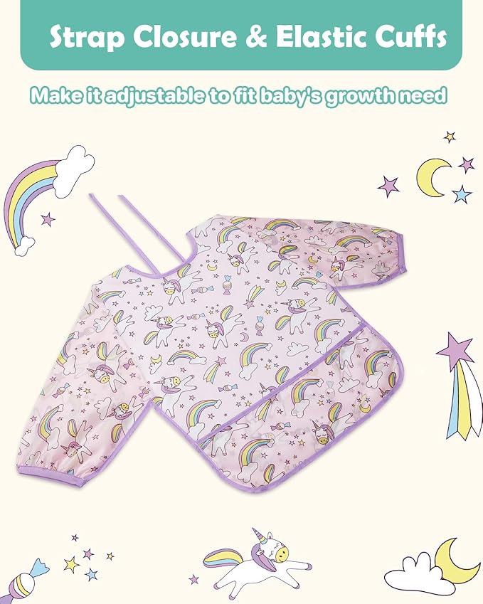 Lictin 3 Pack Baby Bibs for Boy or Girl, Cute Long Sleeve Bib, Waterproof Bibs for Toddlers,Adjustable Closure Baby Smock, Mess Proof Baby Bib, 6-24 Months Reusable Infant Baby Bibs