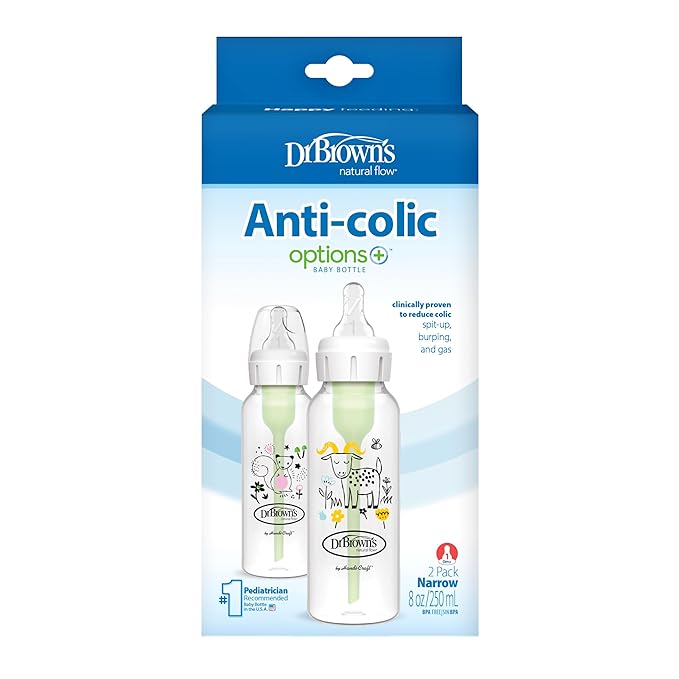 Dr. Brown's Natural Flow Anti-Colic Options+ Narrow Baby Bottle, Squirrel & Goat, 8 oz/250 mL, with Level 1 Slow Flow Nipple, BPA Free, 0m+, 2-Pack