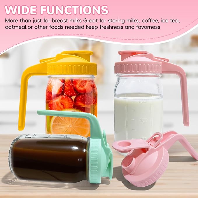 2 PACK Breast Milk Pitcher 32OZ Glass Breastmilk Pitcher with Lids Leak-proof Wide-mouth Mason Jar for Breastmilk, Resistant to Heat or Cold, Freezer-safe(Pink)