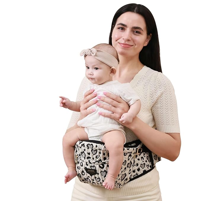 SUNVENO Baby Hip Carrier with Hip Seat, CPC-Certified, Ergonomic Infant Carrier for Newborns & Toddlers up to 45 lbs, Adjustable Waistband, Multiple Pockets, All-Season, Grey,Leopard Print
