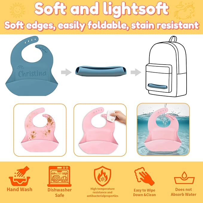 SRdrew Personalized Silicone Bibs Set Custom Engraved Name Icon Toddler Bib Durable Adjustable for Boy Girl