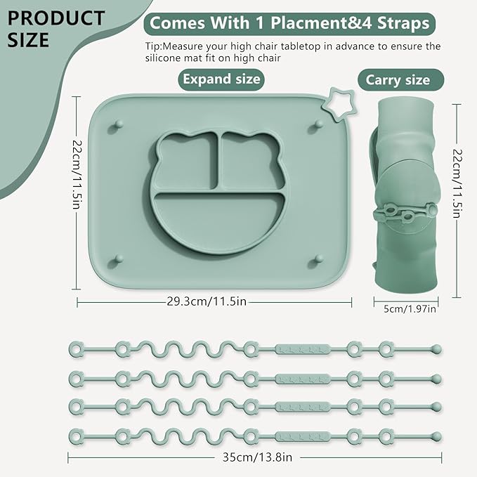 1 Pack Silicone Mat for Babies, Baby Placemat Built-in Suction Base and Equipped 4 Toy Straps & Anti-Peel Design, Activity Mat for Infants to Toddlers, Keeps Babies Essentials Off The Floor, Green